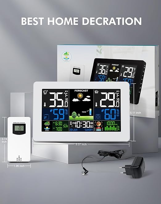 Weather Station Wireless Indoor Outdoor Thermometer, Digital Thermometer with Remote Sensor, Large Display Home Weather Stations with Weather Forecast, Atomic Clock, Barometric Pressure, Moon Phase