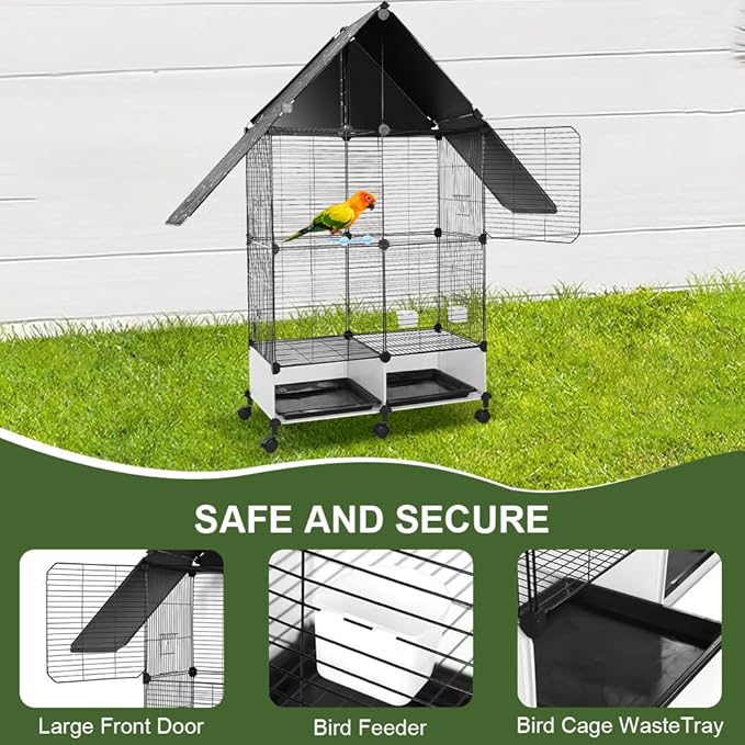 House Shape Bird Cage with Rolling Stand - Large 2 Tier Iron Bird Cage with Lock, Spacious Flight Habitat for Parakeets & Cockatiels, Easy Mobility Safe Home for Small Birds
