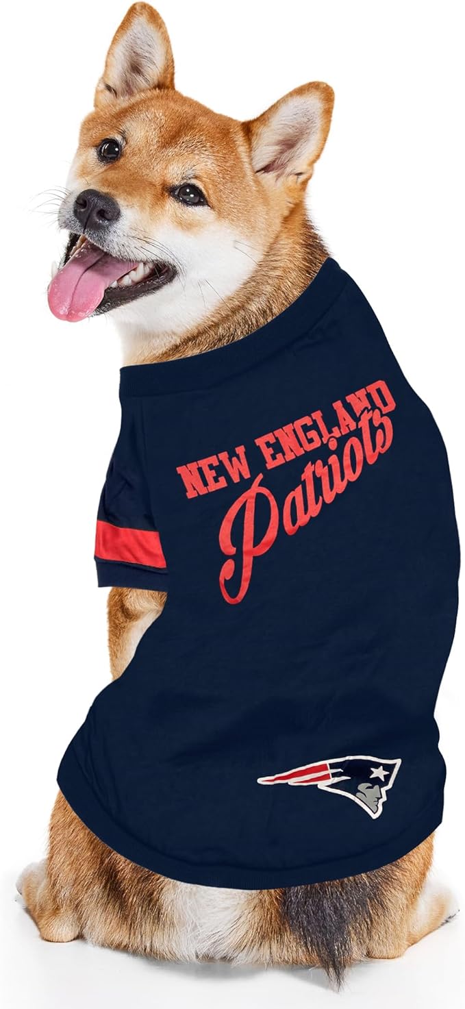 NFL New England Patriots Dog & Cat T-Shirt - Small, Football Team Fan PET TEE Shirt - Durable, Cute Stripe Design