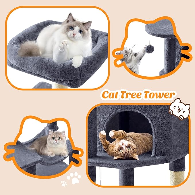 Cat Tree Tower 44 Inch, Small Cat Tower with Condo, Hammock, Sisal Scratching Posts, Extended Perch, Pet Play House for Indoor Kittens and Cats, Grey