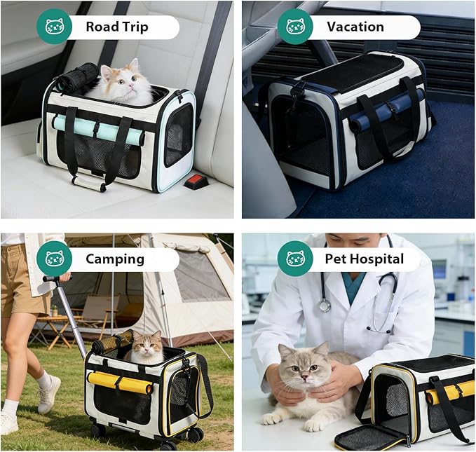 Expandable Pet Carrier with Wheels for Small Dogs and Cats,Airline Approved Rolling Cat Carrier with Removable Platform,18”X11”X14”,Foldable Soft-Sided Travel Bag Fits Under Seat,Up to 16 lbs(Yellow)