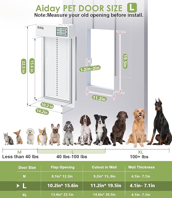 Automatic Dog Door with Collar Sensor, 2-Flap Large Electronic Dog Door for Door with Anti-Pinch, Mains-Powered, LCD Display, Timing Function, Metal Frame- L