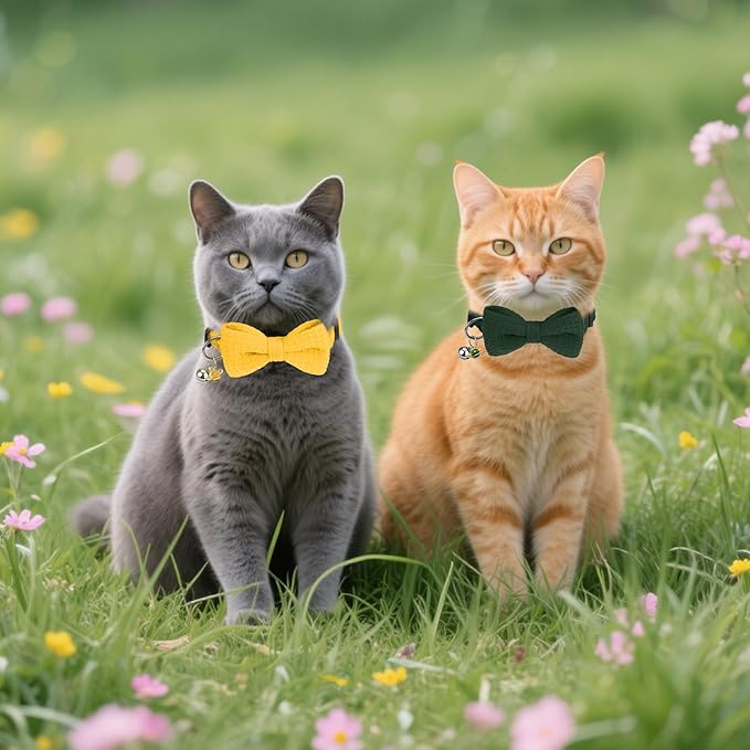 Cat Collar Breakaway with Bells, Soft Cotton Green Cat Bowtie Collar for Girl Boy Cats, Small Cats Collar with Bow for Spring Summer,2 Pack Cute Kitten Collars with Removable Bowtie 8-12Inch
