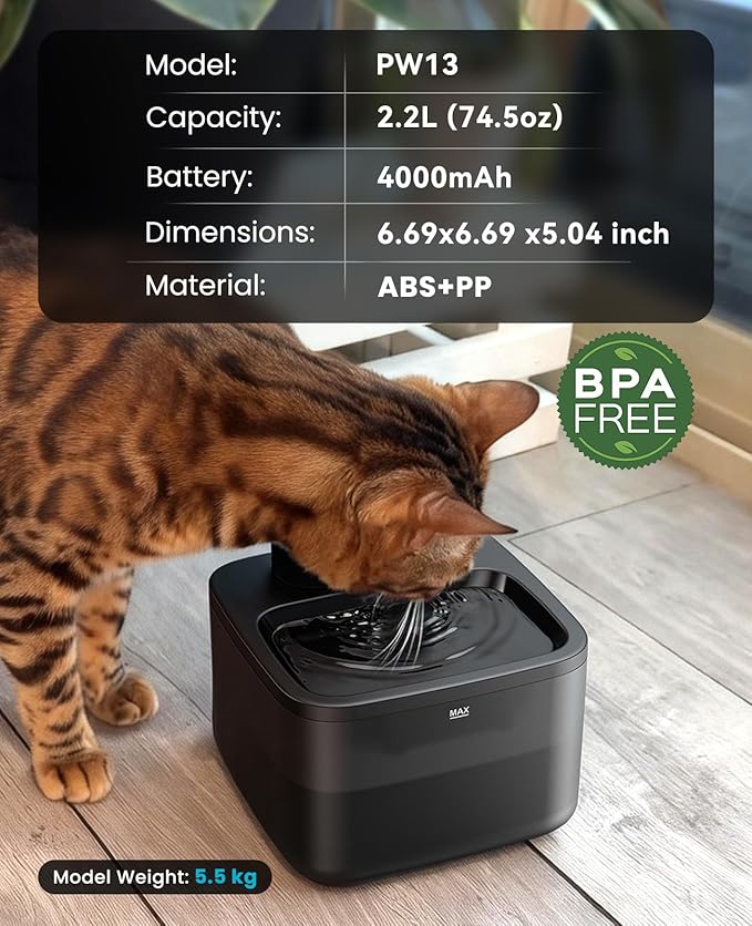 oneisall Wireless Cat Water Fountain: 74oz/2.2L Cordless Pet Water Fountains, 4000mAh Battery Operated Ultra-Quiet Integrated SilentFlowโข Pump for Cats Indoor, Automatic Cat Water Dispenser, BPA-Free