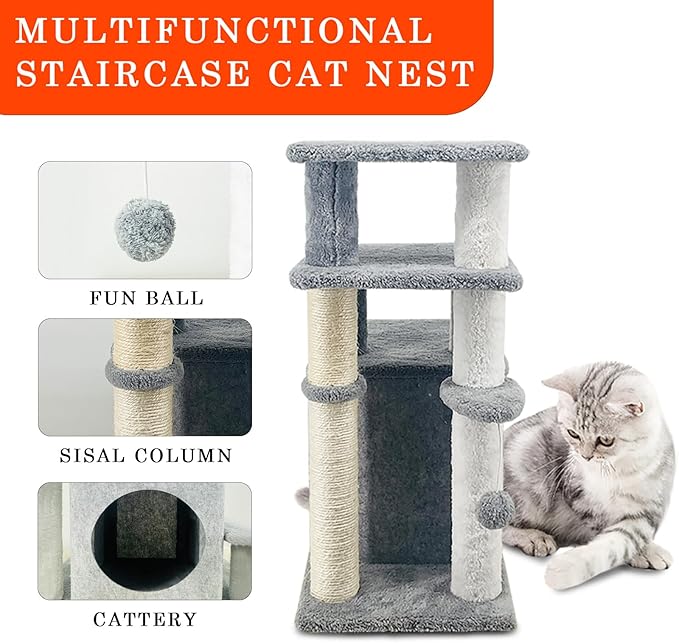 25.6in Cat Tree Tower, Cat Condo with Sisal-Covered Scratching Posts, Cat House Activity Center Furniture for Kittens, Cats and Pets - Dark Gray 