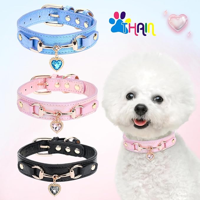 THAIN Fashion Dog Collar with Bling Diamonds & Heart Charm – 5 Holes Adjustable PU Leather Rhinestones Necklace Collar, Gold Buckle for Medium Dogs boy (Blue, M)