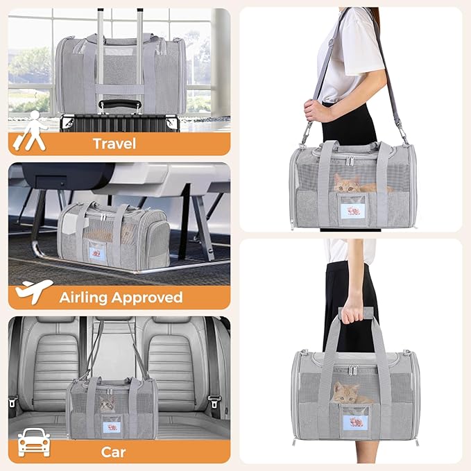 Cat Carrier Soft for Pets Up to 15 Lbs, Cat Travel Bag with Padded Shoulder Strap and Detachable Cat Food Bowl, Pet Dog Carriers for Small Dogs Travel Puppy Carry Airline Approved, Grey