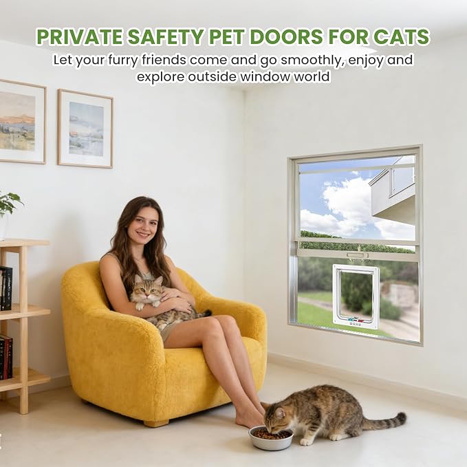 Cat Door for Window, 4 Locking Modes for Safety Cat Window Door, Fits 14"-28" Width Window, Durable Weatherproof design Cat Door, Magnetic Closure, Wider View, Pet Door With Safe & Comfortable for Cat
