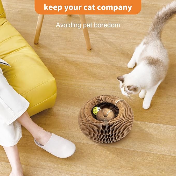 Collapsible Cats Cardboard Scratcher Interactive Pet Toys for Indoor Cats with Ring Ball Magnetic Kitten for Chase Scratch Pink