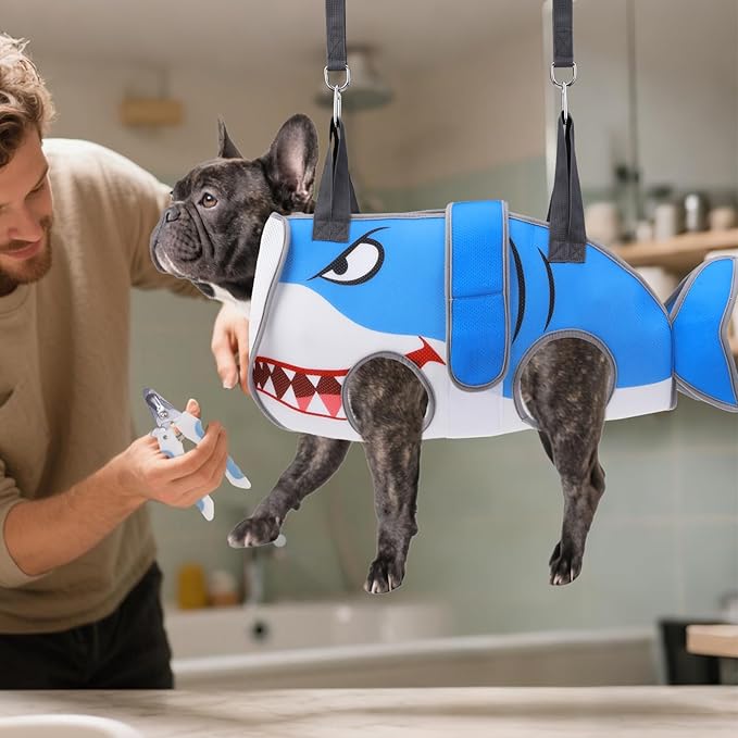 Dog Grooming Hammock for Small Dogs Cats, Cute Shark Design Dog Hanging Harness for Nail Trimming/Clipping, Pet Sling with Grooming Kit and Thick Neck Support & Strap Restraint Claw Care,XS