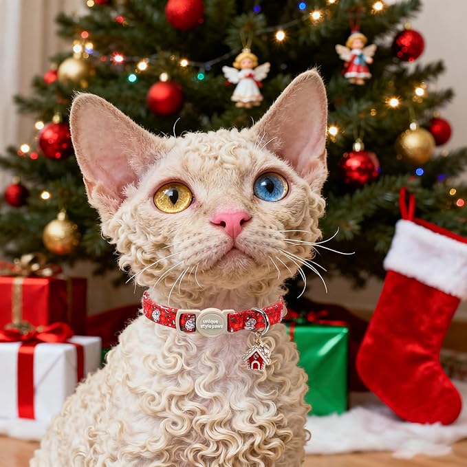 Unique style paws 2 Pack Christmas Kitten Collar Breakaway with Bell&Pendant, Adjustable Safety Elk Christmas Cat Cotton Collar for Girl Boy Cat and Small Pet