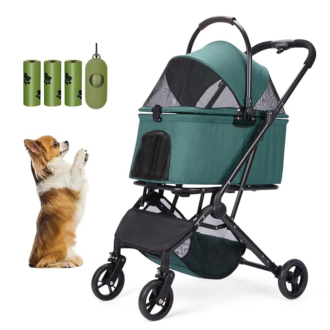 Wdyvko 3 in 1 Dog Stroller, Upgraded Frame, Up to 44lbs Pet Stroller with Dog Poop Bags & Dispenser, Zipperless Entry, Storage Basket & Pouch for Small Dogs Cats (Dark Green)