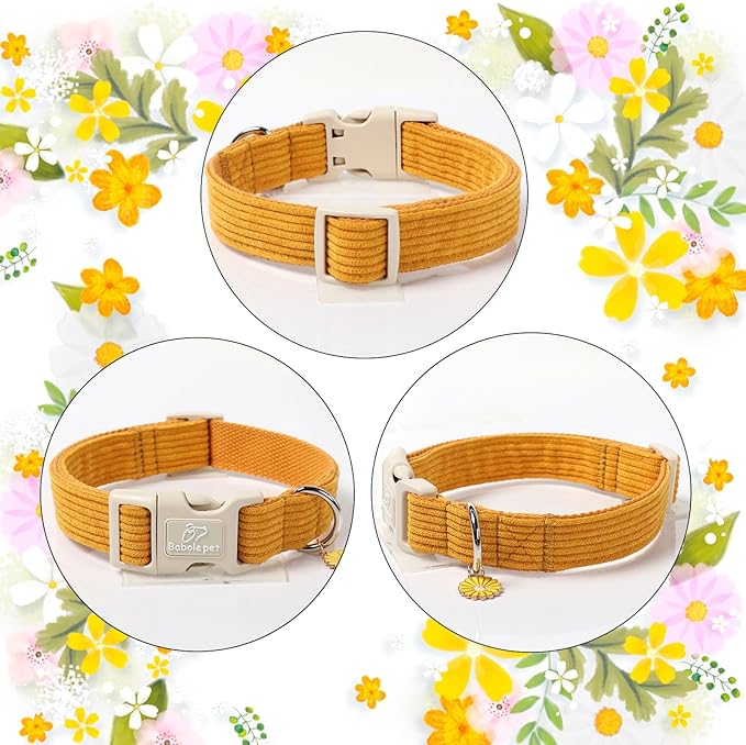 Cute Corduroy Dog Collar - Mustard Yellow Adjustable Dog Collars for Medium Dogs 25-50lbs, Fade-Proof with Secure Snap & Little Charm, Christmas Birthday Gift, M
