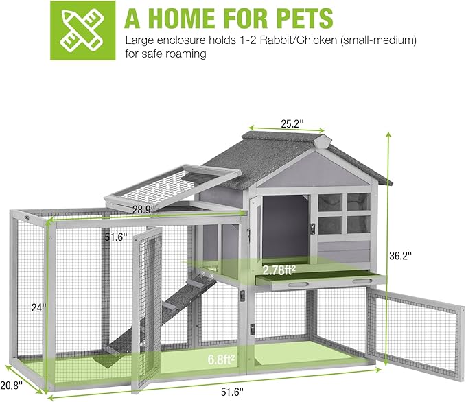 GUTINNEEN 51.6" L Chicken coop Outdoor Rabbit Hutch Indoor Bunny Cage Expandable Duck House(Grey)