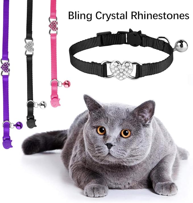 2 Pcs Cat Collars Heart Bling Breakaway with Bell Nylon Adjustable for Kitty(Black+Pink)