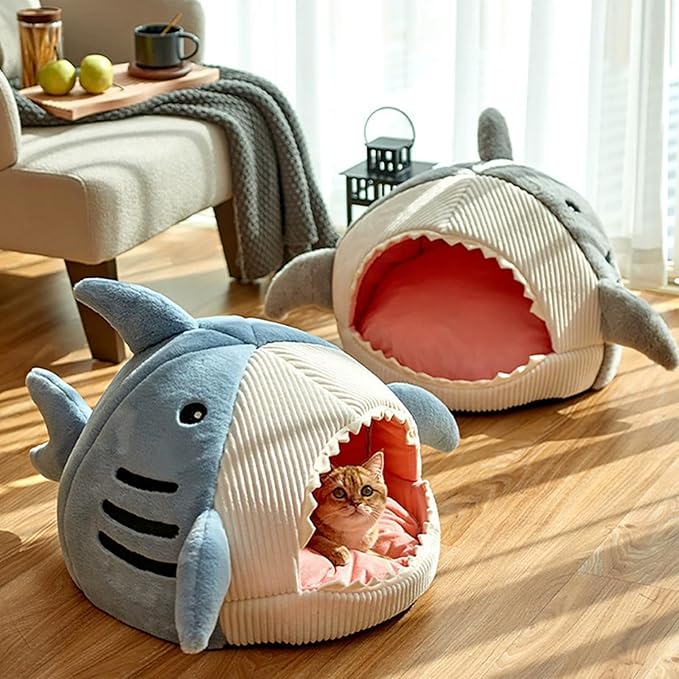 Shark Cat House, Shark Shaped Kennel, Kitten Bed Hideout House, Covered Shark Head Shaped Indoor Pet Nest for Cat, Small Dogs (Blue, S(15 * 13.8 * 12.6 in))