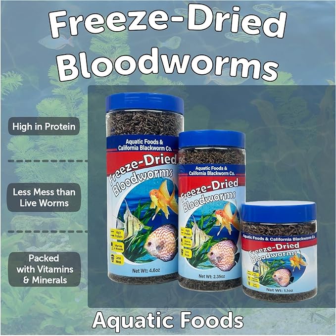 Aquatic Foods Inc. Bloodworms, Grade A Freeze Dried Floating Bloodworms for Cichlids, Discus, Goldfish, Bettas, Angel Fish, Marine Fish, 12-Type Pellet Mix & 4-Type Wafer Mix Included..2.35oz Canister