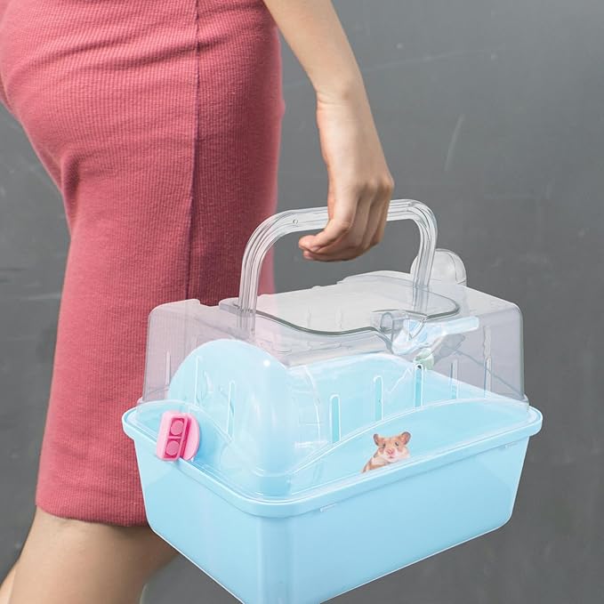 POPETPOP Portable Hamster Cage : Plastic Hamster Carrier with Water Bottle - Breathable Small Animal Carrier Cage for Gerbil Hedgehog, 8.84X6.68X6.48in (Blue)