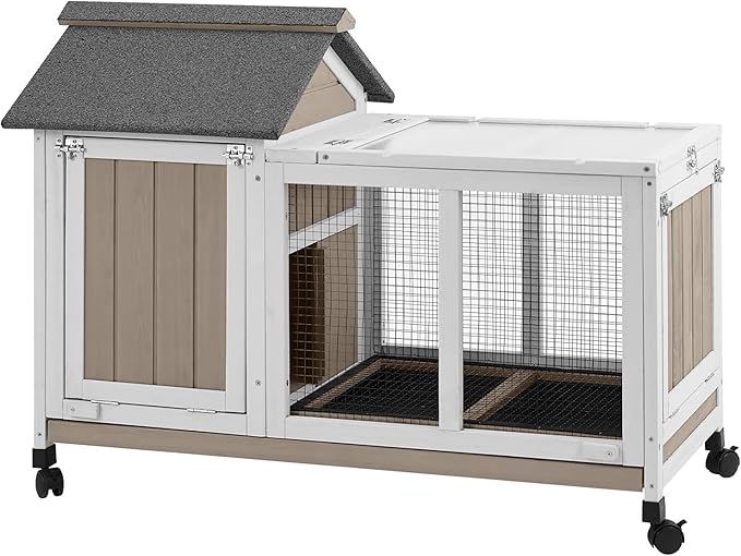 38''L Rabbit Hutch Outdoor with Wheels, Wooden Expandable 2 Story Bunny House Rabbit Cage Indoor with Run, Pull Out Tray, Waterproof Roof, Guinea Pig Cage Chicken Coop for Small to Medium Pets