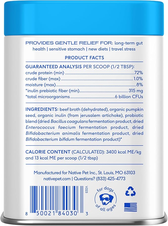 Native Pet Probiotics for Dogs - Dog Probiotics Powder for Digestive Health, Gut Support, & Immune Boost – Vet-Formulated Powder for Maximum Potency with Digestive Enzymes & Prebiotics - 60 Scoops
