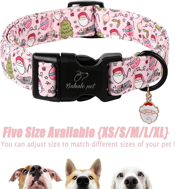 Christmas Dog Collar for Large Dogs - Cute Santa Print Pink Christmas Collars for Dogs, Soft Adjustable Winter Holiday Dog Collars with Quick Release Buckle L