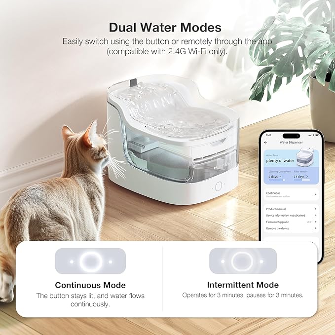 Cat Water Fountain 2L Automatic Pet Water Dispenser for Cats and Dogs 8-Layer Filtration System Wireless Pump 2.4G WiFi Smart Control Food-Grade Material Indoor Pet Water Bowl(PF1L)