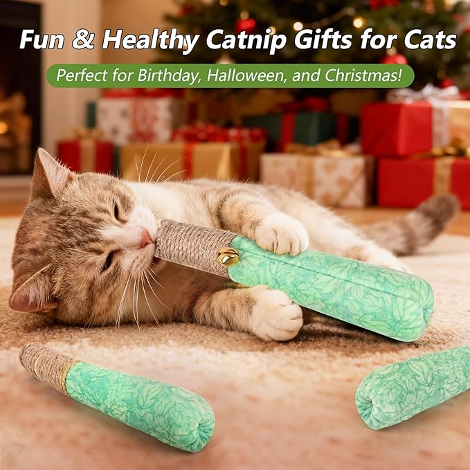 3 Pack Catnip Toys for Cats, Funny Cat Toys with Dental Rope & Fun Bell,100% Pure Organic Catnip Toys,Bite-Resistant Kitten Teething Chew Toys,Anxiety Relief Kicker Toys for Indoor Cats