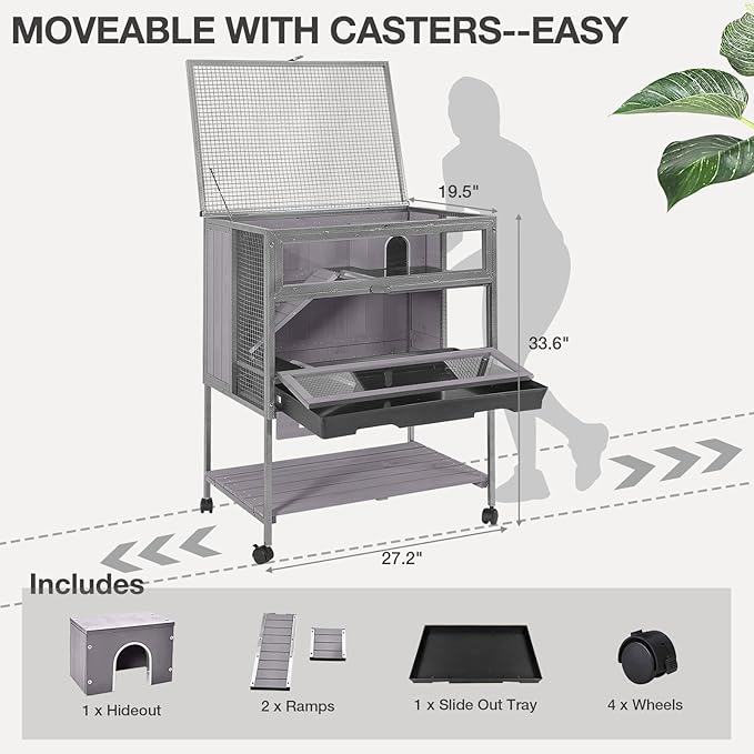 Guinea Pig Cage, Moveable Metal Frame Hamster Cage Anti-Chewing with Aluminium Alloy Edge, Hideouts, Ramps, Seesaws Chewing Toy, Deeper Pull-Out Leakproof Tray for Indoor Outdoor(Grey)