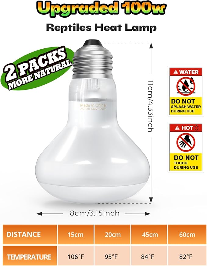 Reptile Heat Lamp, Simulate Natural Sunlight Heat Light Bulbs 2 Pack 50W Amphibians Basking Heat Lamp Bulbs for Reptiles, Bearded Dragon, Lizard, Turtle, Chicken