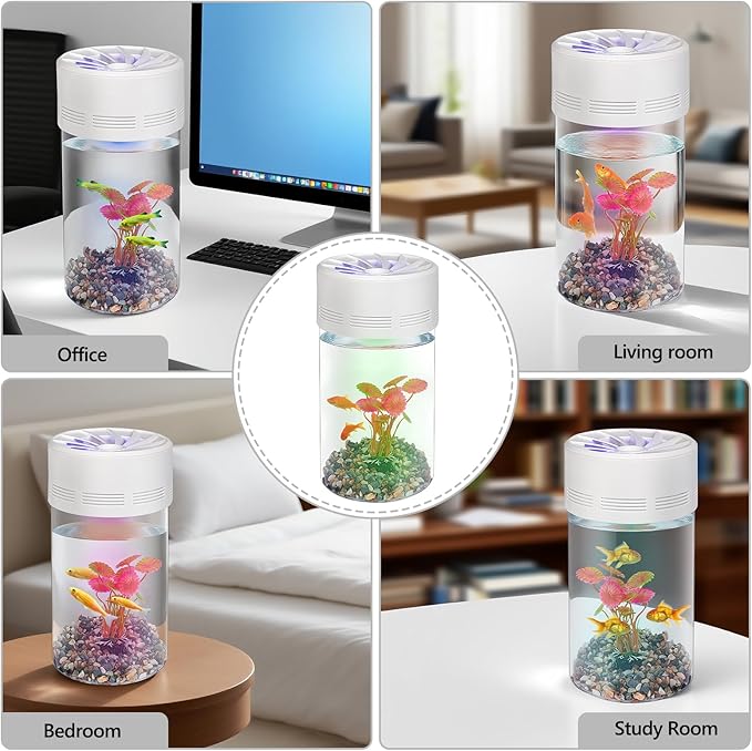 Ecological Fish Tank with LED Attraction Light - Aquarium Starter Kit Includes Decorative Aquatic Plants & Sand - Desktop Small Plastic Transparent Fish Bowl Suitable for Living Room, Bedroom, Office