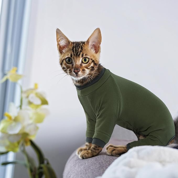 PUMYPOREITY Sticky Hair Cat Clothes, Prevent Hair Loss Cat Pajamas, Soft Cat Sweaters for Cats Only, Cat Hair Sticky Onesie, Cat Recovery Suit After Surgery, Green, S