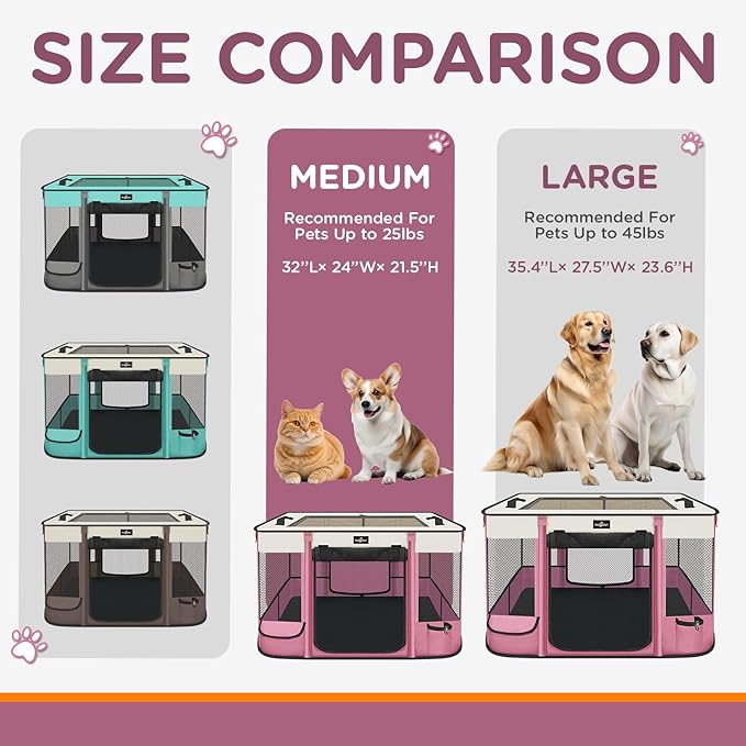 Foldable Pet Kitten Playpen, Upgrade Waterproof Portable Cat Dog Playpen Kennel Tent for Small Dog Cat, Retractable Shade Cover, Come with Free Carrying Case, Indoor Outdoor Use for Small Pet, Pink