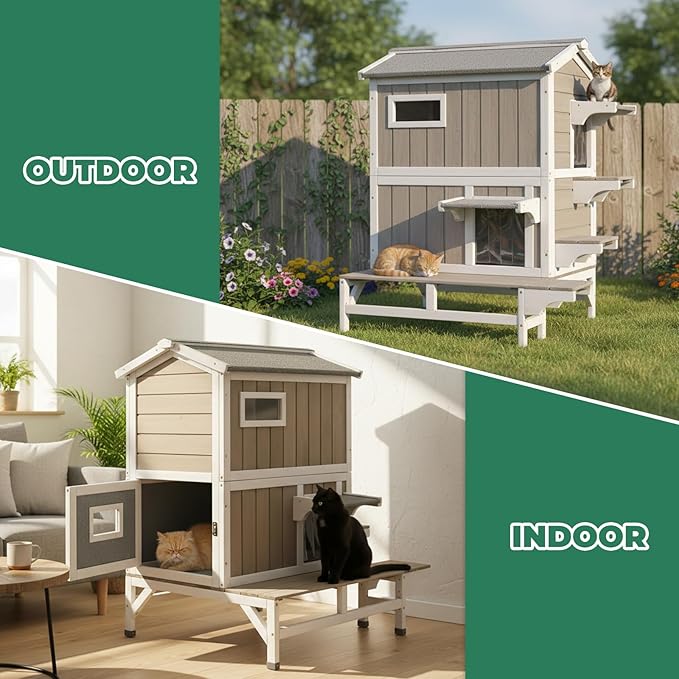 Insulated Cat House for Winter, Wood Two Story Outdoor Cat House Weatherproof with Cat Scratching Cloth, 3 Jumping Platforms, 3 Doors, Outside Indoor Clawsable Feral Cats Shelter for Small Animals