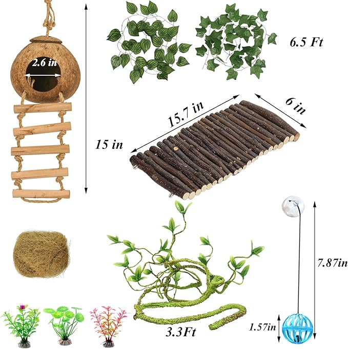 Crested Gecko Tank Accessories,Reptile Vines Plants with Coconut Shell Ladder Hideout Hermit Crab Decor for Bearded Dragon Lizard Chameleon Tortoise Snake