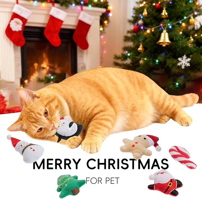 6pcs Christmas Catnip Toy,Indoor Santa Claus Snowman Tree Shaped Cat Toy Plush Interactive Chew Bite Toys for Cat Kitten Indoor Festive Holiday Cat Lover Gift