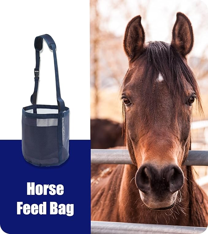 Horse Feed Bag for Grain - Heavy Duty Mesh Horse Feeder with Adjustable Strap,Comfort Neck Pad,Nose Pad Horse Muzzle Feed Bag(Medium,Pink)