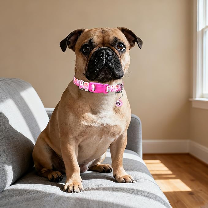 Small Dog Collar with Bell,Nylon - Adjustable XXS/XS Tiny Dog & Cat Collar for Small Breeds,Soft Pink Collar with Quick-Release Buckle(Flowers S)