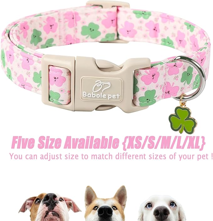 St Patricks Day Dog Collar for Small Dogs - Cute Light Pink Shamrock Girl Dog Collars, Adjustable Irish Clover Puppy Collar with Quick Release Buckle XS