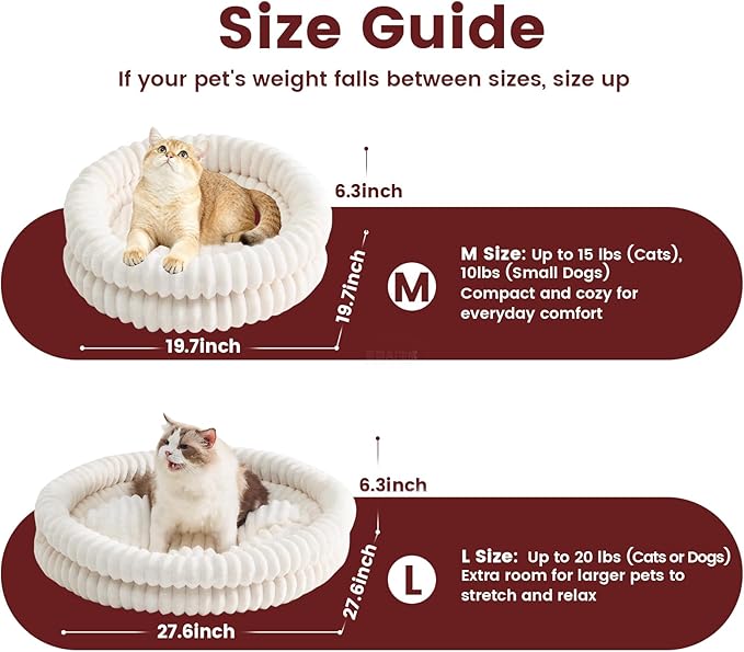 Fluffy Cat Beds for Indoor Cats, Washable Round Orthopedic Kitten Bed, Ultimate Soft Fuzzy Pet Bed for Small Dogs with Non-Slip Bottom, 19.7x19.7x6.3 in, White