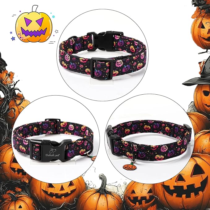 Halloween Dog Collar Spooky Fun Pumpkin Puppy Collar - Light Comfortable Adjustable Pet Collars for Small Medium Large Girl Boy Dogs L