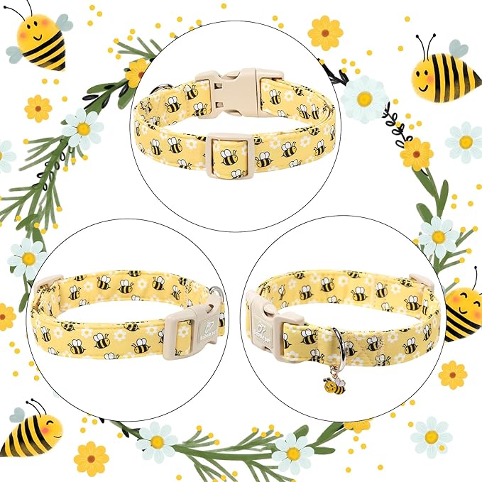 Bee & Daisy Dog Collar for Small Dogs - Spring/Summer Cartoon Yellow Dog Collars, Lightweight Adjustable Male Female Dogs Collars with Quick Release Buckle S