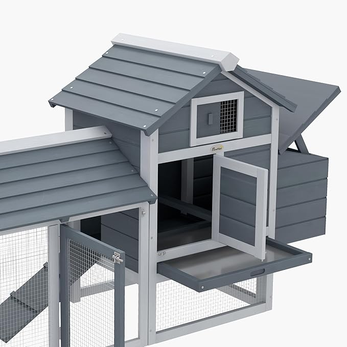 PawHut 59" Small Wooden Chicken coop Hen House Poultry Cage for Outdoor Backyard with 2 Doors, Nesting Box and Removable Tray, Gray