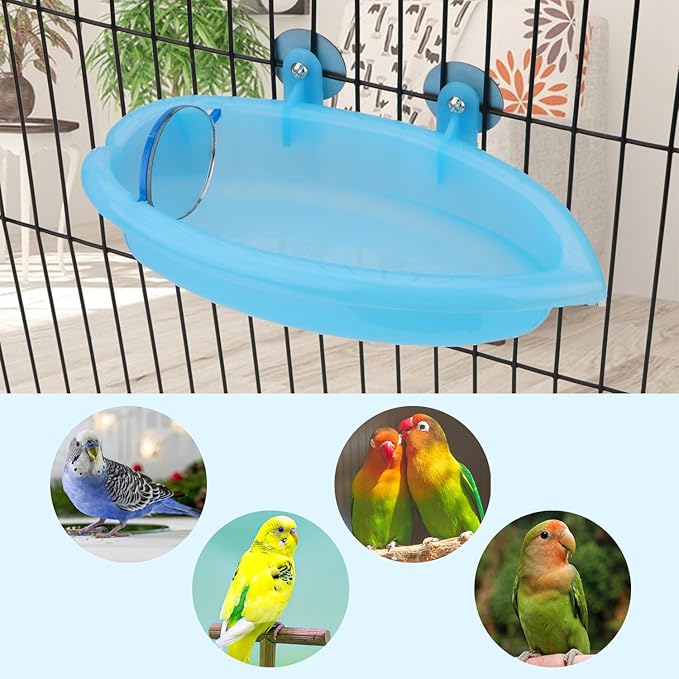 Hypeety Bird Bath with Mirror Portable Bird Bath Bird Bathroom for Pet Parrots Bathing Tub Bath Box Bird Shower Bathtub Accessories (Blue-Bird Bathtub with Mirror)