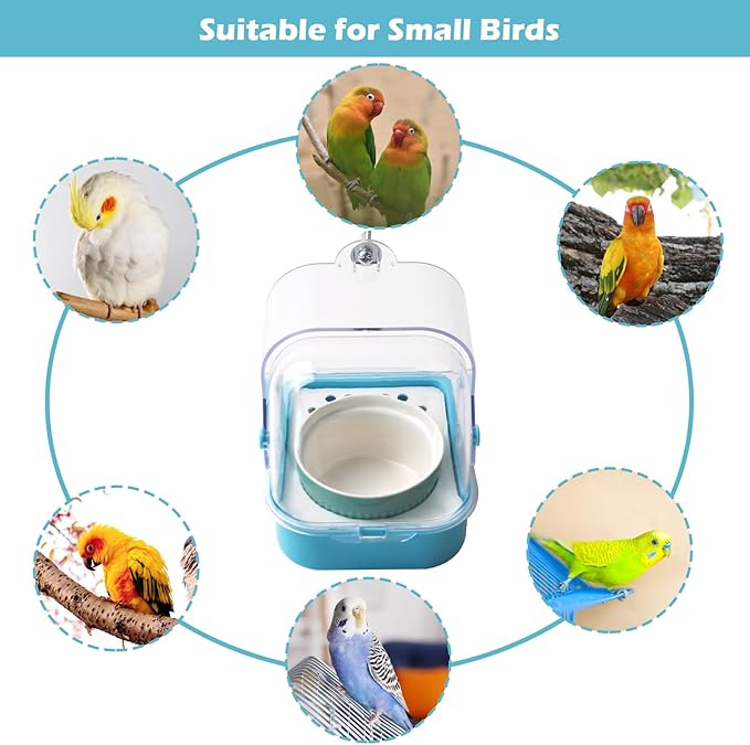 2 in 1 No Mess Bird Feeder,Bird Cage Feeder with Ceramic Bowl and Parrot Bathtub with Bottom Drawer Hanging Tube Shower Box for Birds Budgies Parakeet Small Parrot Cockatiels(Blue)