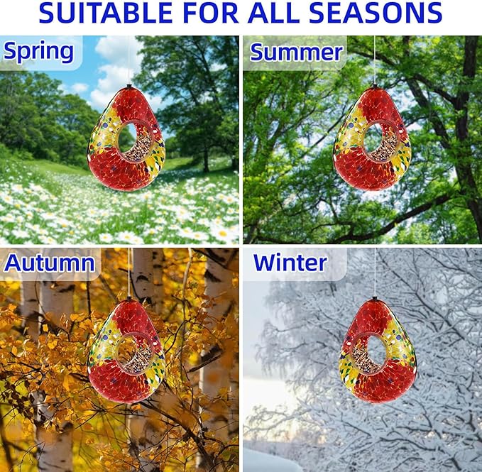 VOREEN Glass Bird Feeder, Fly Through Bird Feeders for Outdoor Hanging, Handmade Glass Wild Bird Feeder, for Garden, Yard, Backyard, Deck and Porch Decor, Gift for Mom Wife Friend, Red Teardrop