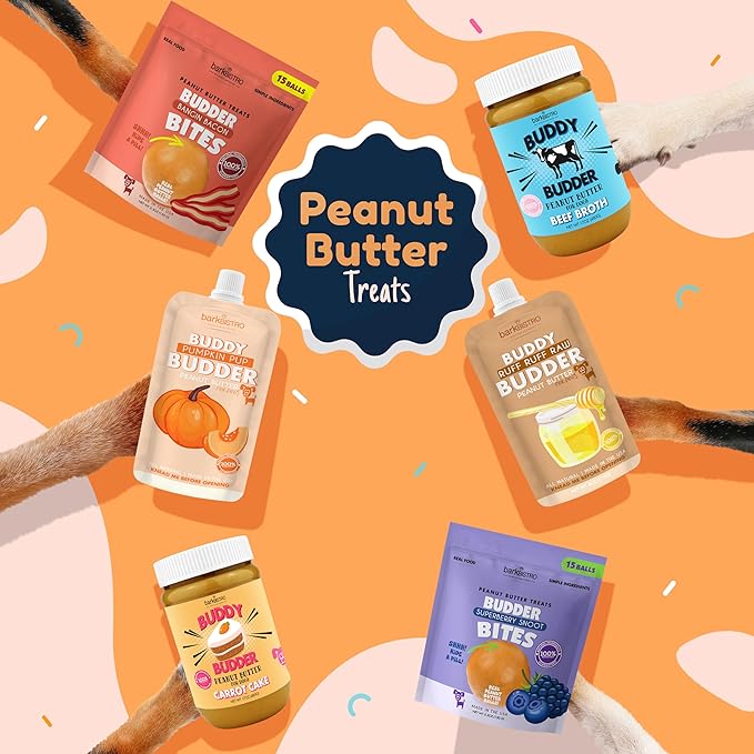 BUDDY BUDDER 6 Pack Mixed Flavor Squeeze Packs, 100% Natural Dog Peanut Butter, Healthy Peanut Butter Dog Treats, Made in USA, (4oz Packs)