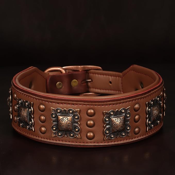 PET ARTIST Soft Padded Leather Dog Collar, 2 inch Wide Genuine Leather Dog Collars with Stylish Studded Rivet & Metal Buckle, Luxury & Adjustable Pet Collars for Medium Dogs,Brown,Neck 16-19"