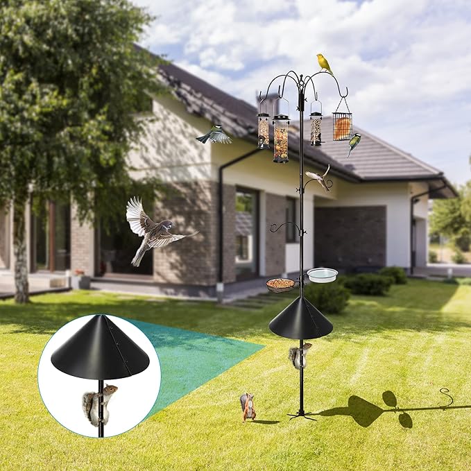 6-Hook Bird Feeding Station, Steel Multi-Feeder Kit Stand for Attracting Wild Birds w/ 4 Bird Feeders, Bird Bath, Mesh Tray and Squirrel Guard Baffle,94 Inch
