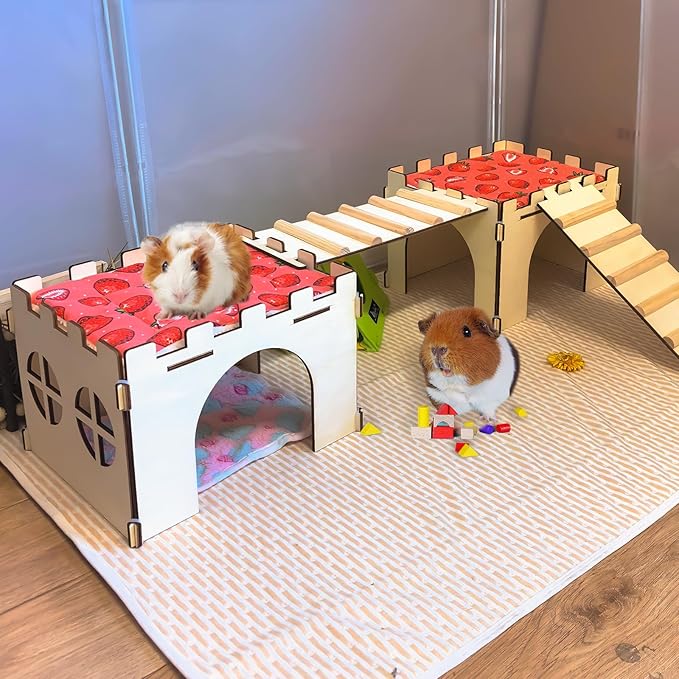 2PCS Guinea Pig Hideout,Large Wooden Guinea Pigs House with Stairs and Mats,Detachable Guinea Pig Castle Hide for Small Animals Hamster Chinchilla Ferret Habitats Accessories