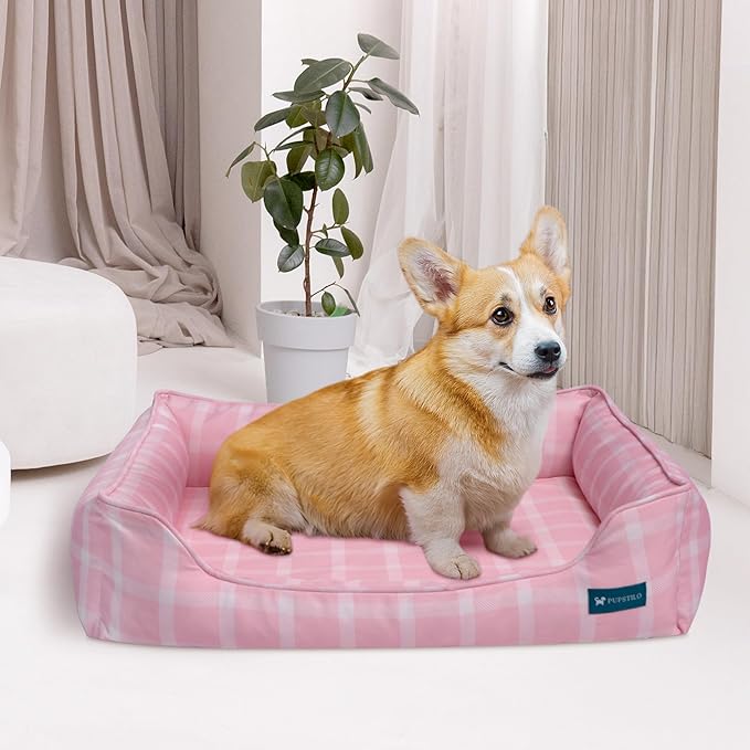 Orthopedic Bolster Dog Bed β CertiPUR-US Foam, Recycled Polyester Canvas, Washable Cover, Anti-Slip Bottom, Large, Pink Check β Stylish Designer Dog Sofa